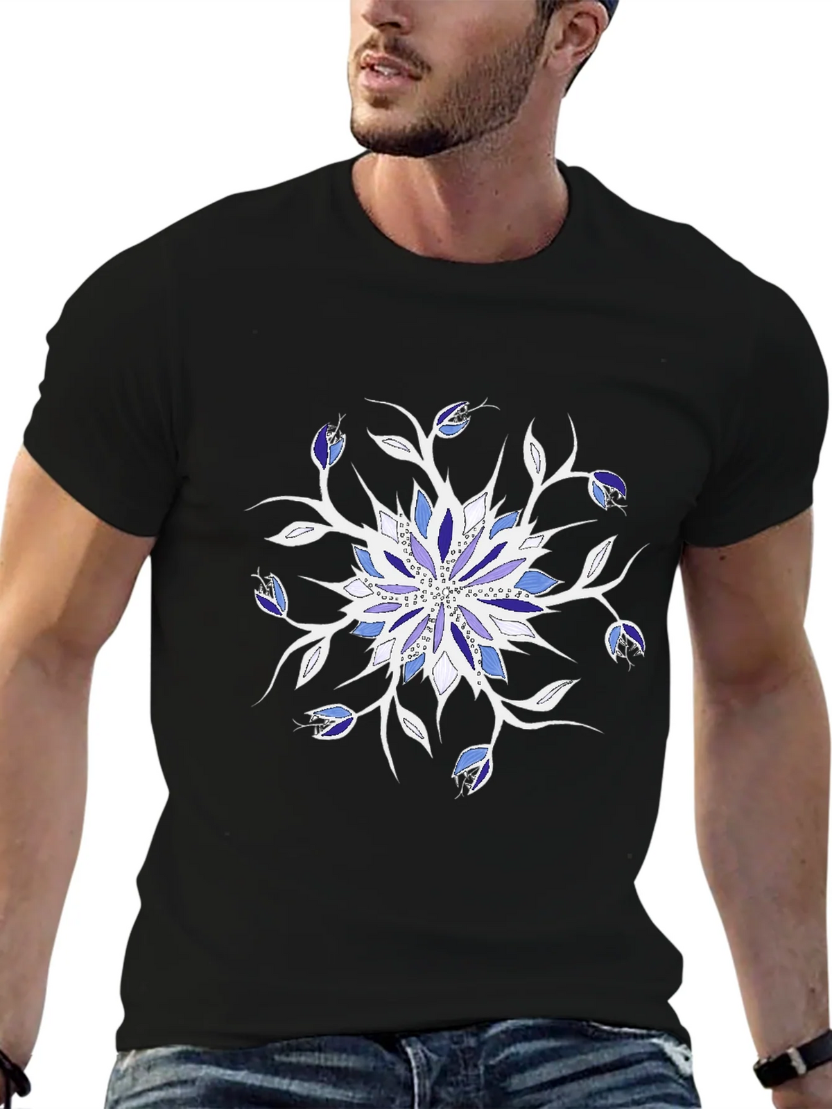 Blue Floral Mandala Black T-Shirt product image 9