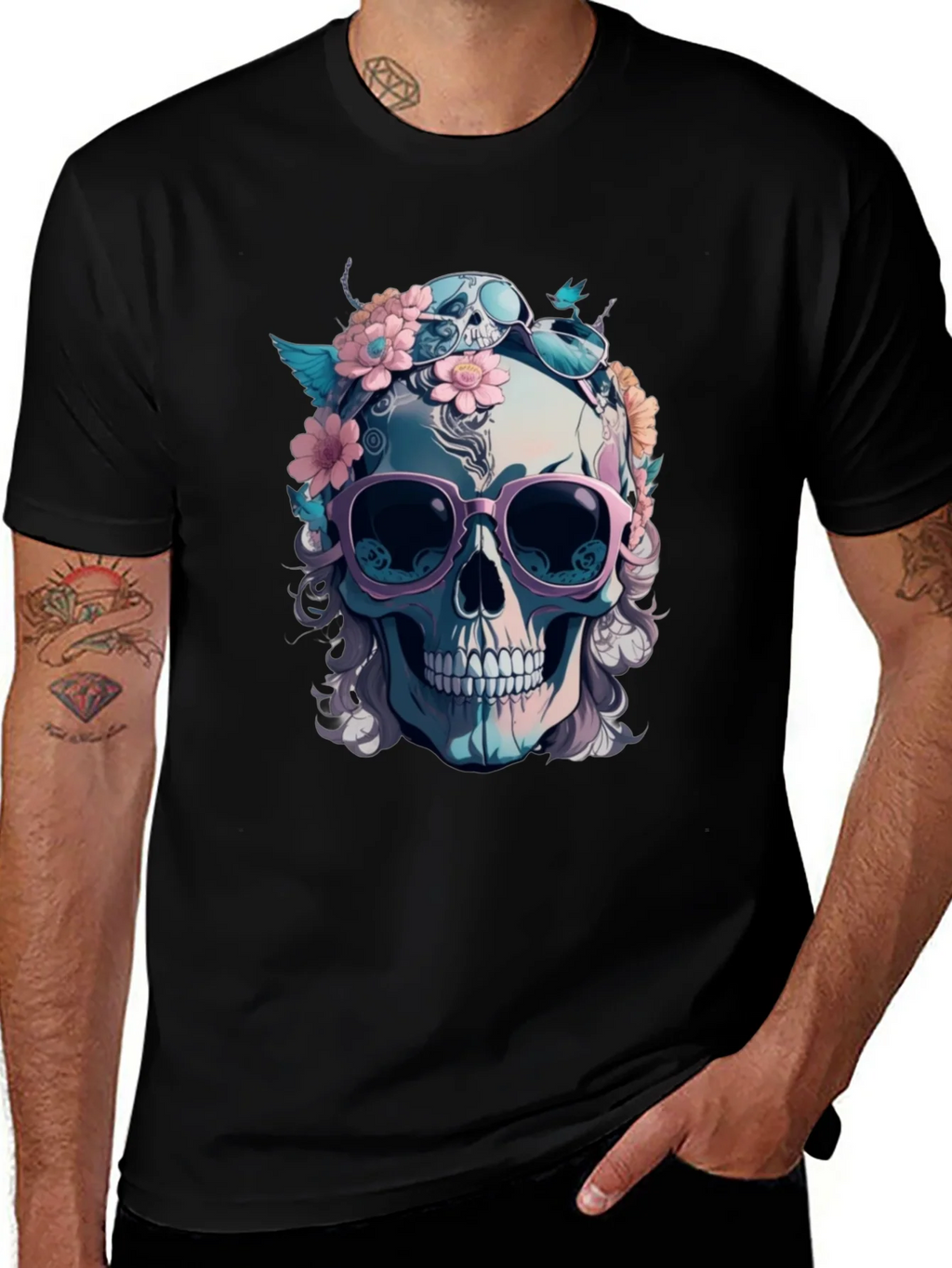 Skull & Flowers Graphic Tee - Mens Black Cotton T-Shirt product image 1
