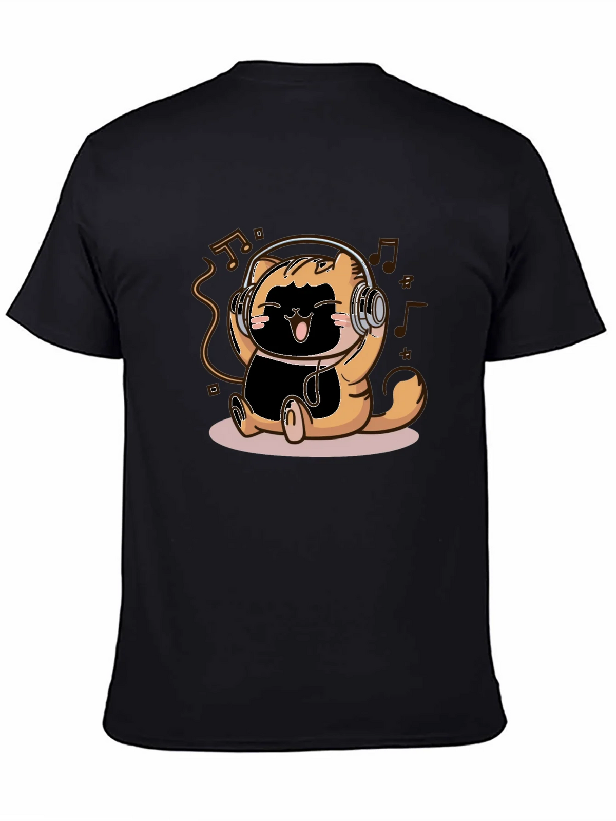 Cute Cartoon Cat Headphones Black T-Shirt product image 7