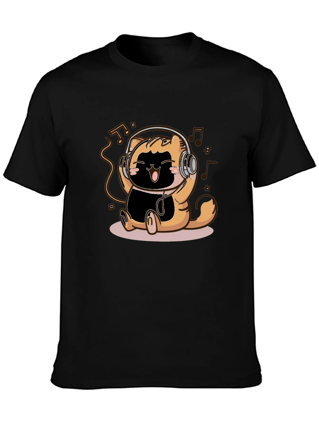 Cute Cartoon Cat Headphones Black T-Shirt product image 6