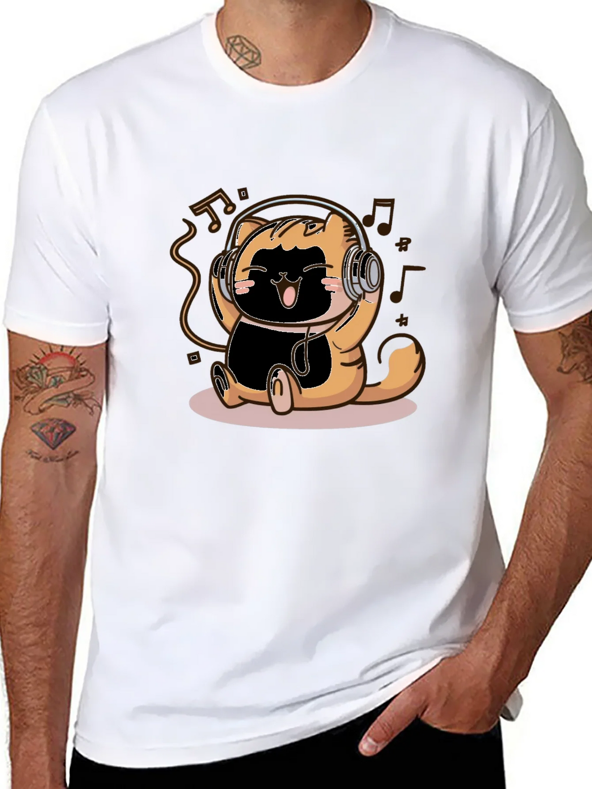 Cute Cartoon Cat Headphones Black T-Shirt product image 10