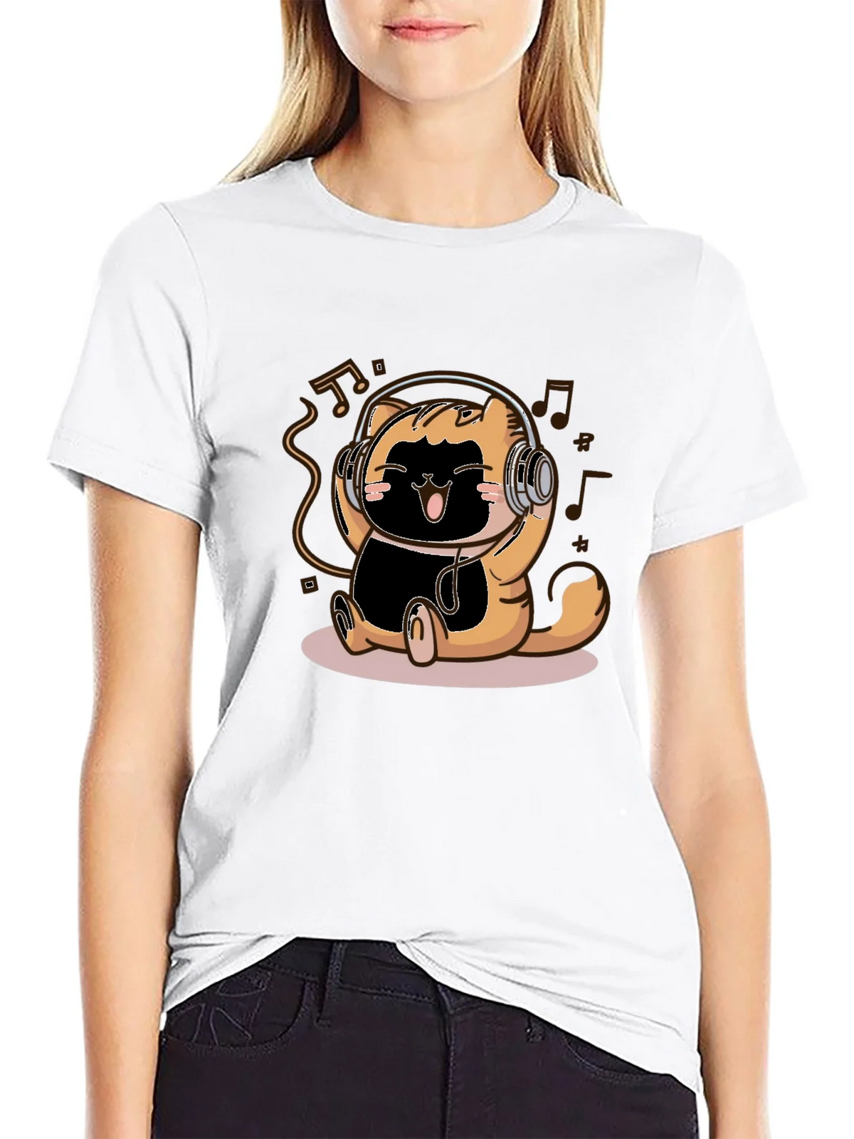Cute Cartoon Cat Headphones Black T-Shirt product image 11
