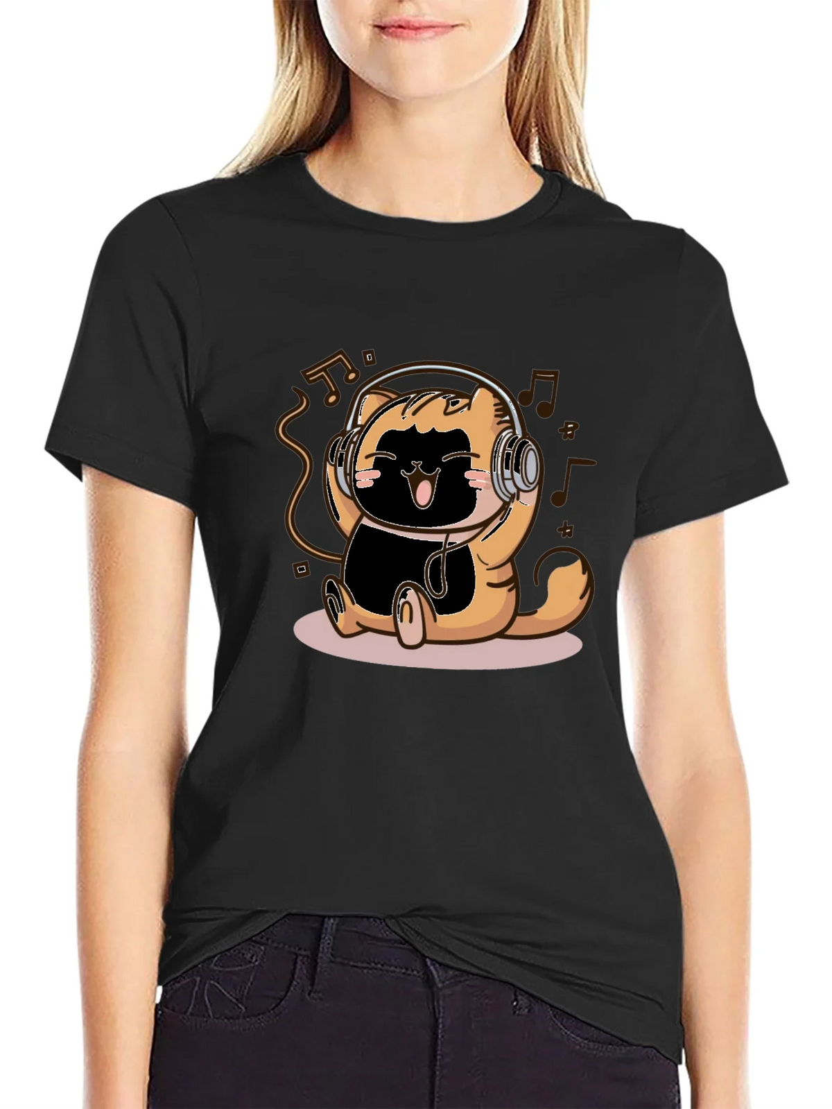 Cute Cartoon Cat Headphones Black T-Shirt product image 5