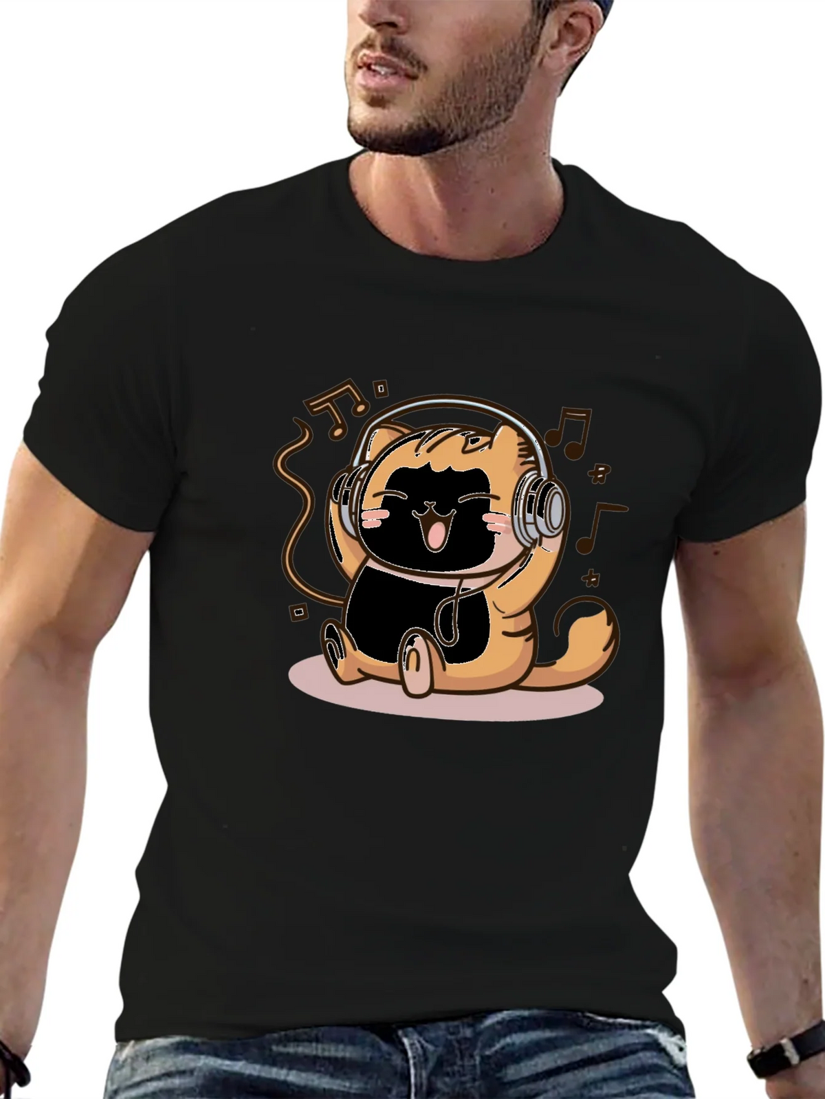 Cute Cartoon Cat Headphones Black T-Shirt product image 9