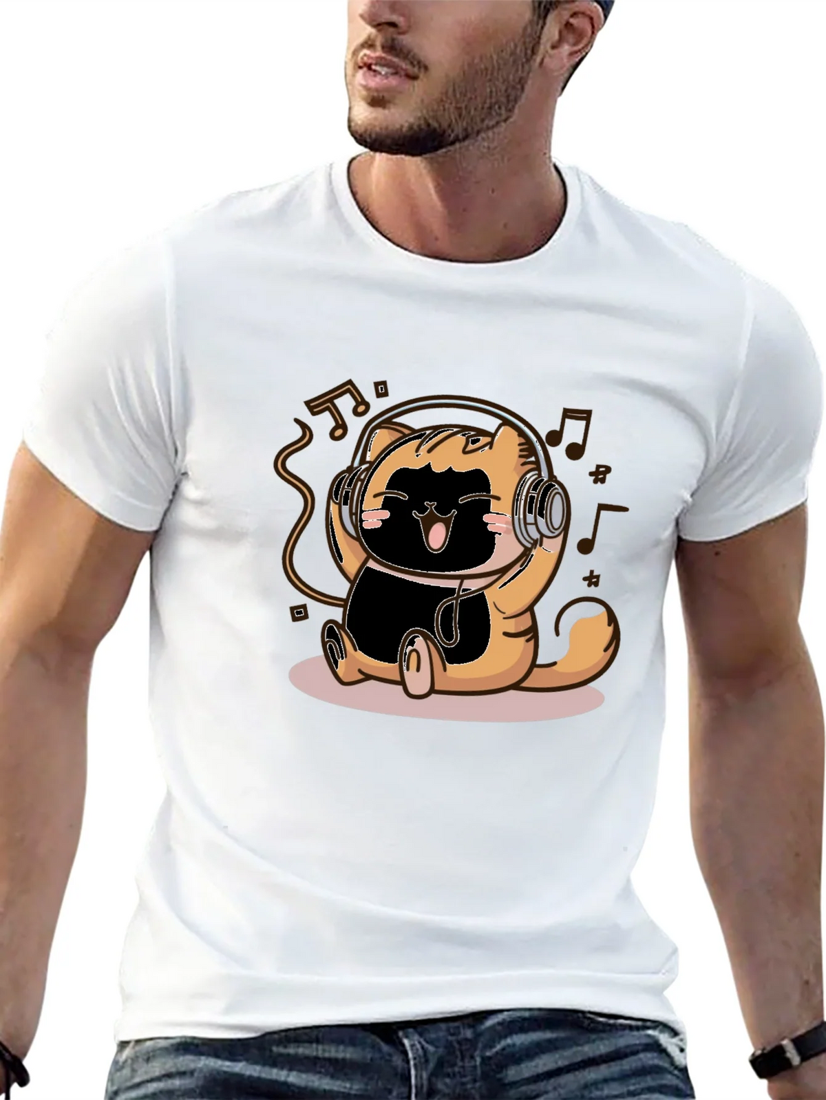 Cute Cartoon Cat Headphones Black T-Shirt product image 4