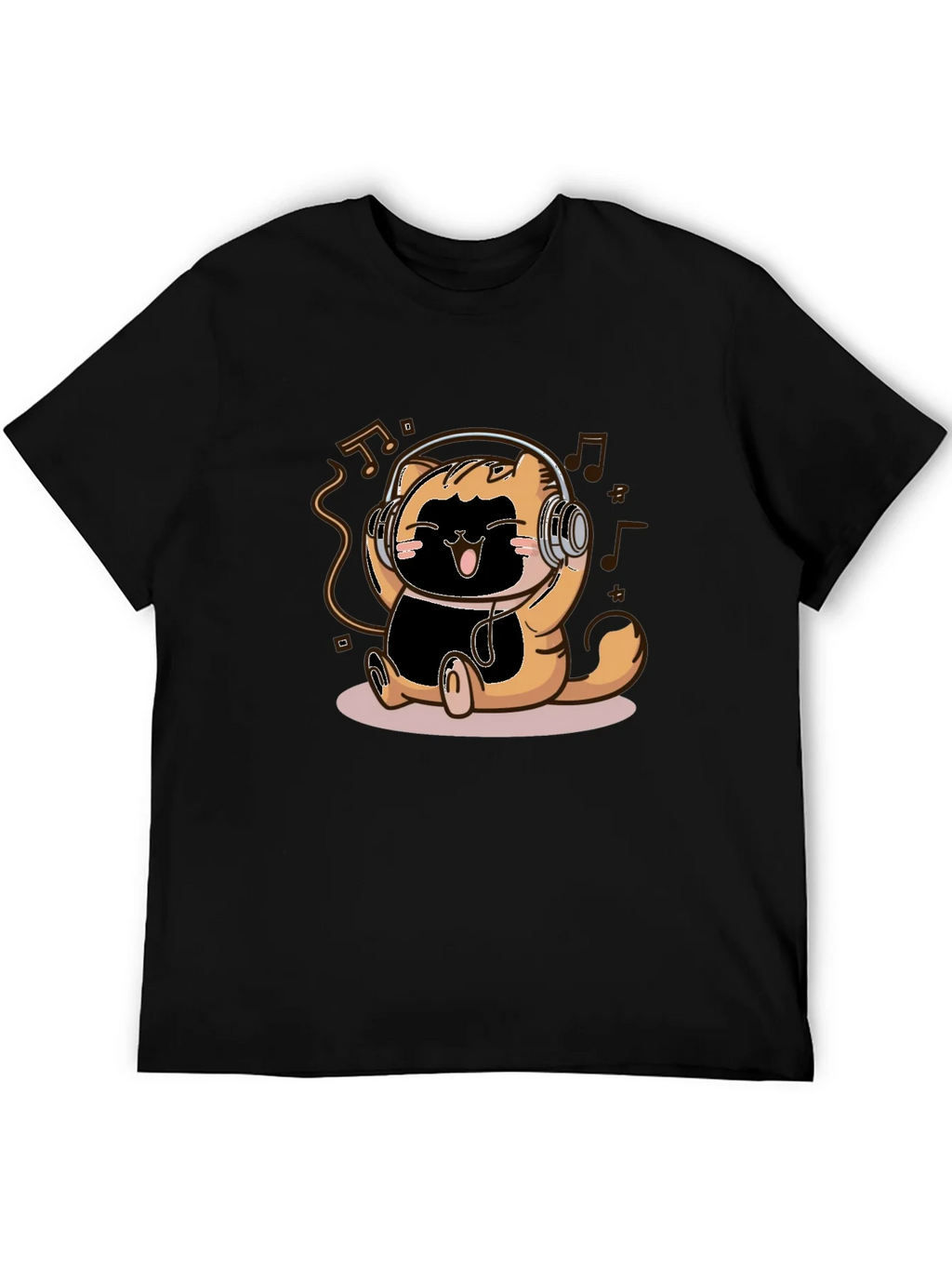 Cute Cartoon Cat Headphones Black T-Shirt product image 8