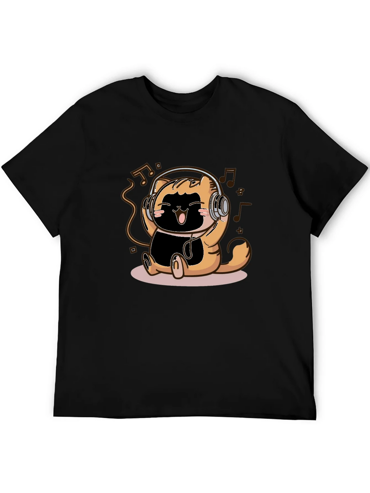 Cute Cartoon Cat Headphones Black T-Shirt product image 8