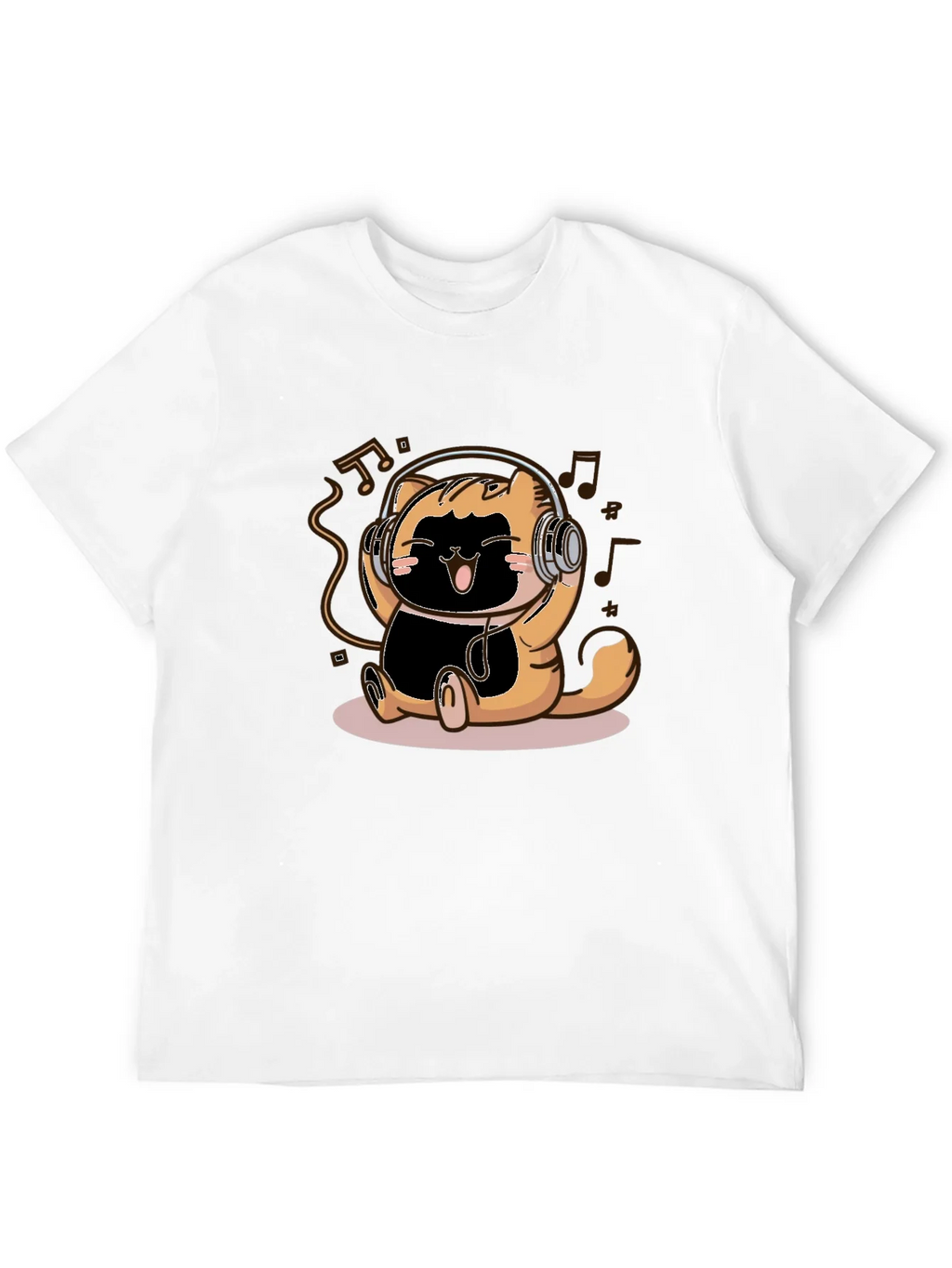 Cute Cartoon Cat Headphones Black T-Shirt product image 3