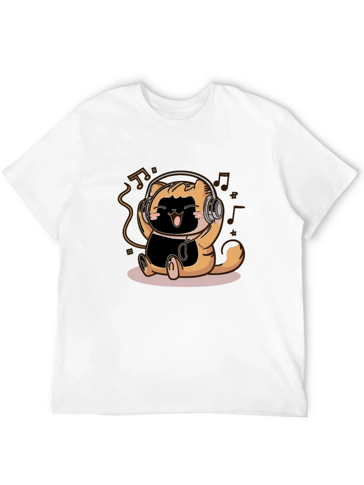 Cute Cartoon Cat Headphones Black T-Shirt product image 3