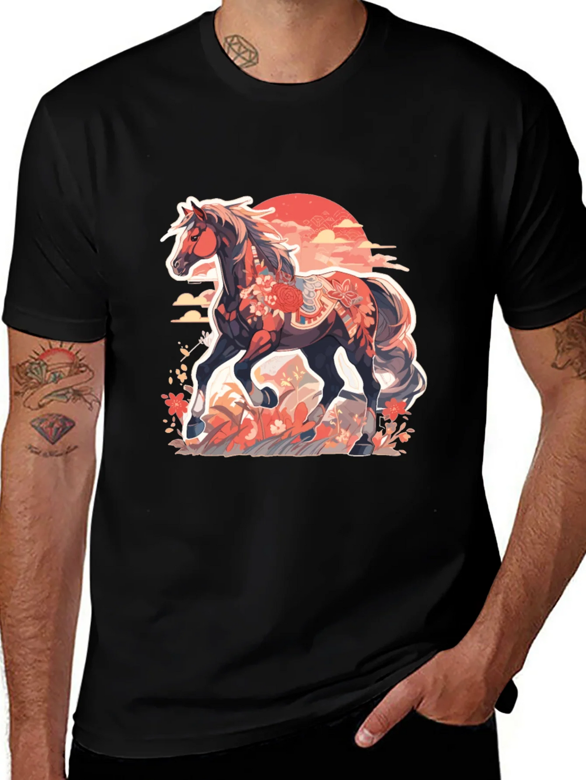 Floral Horse Graphic Tee - Mens Black T-Shirt product image 1