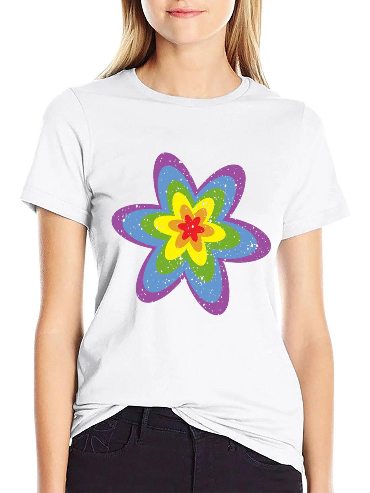 Rainbow Flower Graphic Tee - Black Cotton T-Shirt product image 11