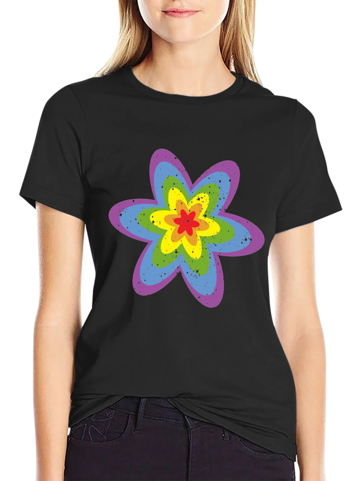 Rainbow Flower Graphic Tee - Black Cotton T-Shirt product image 5