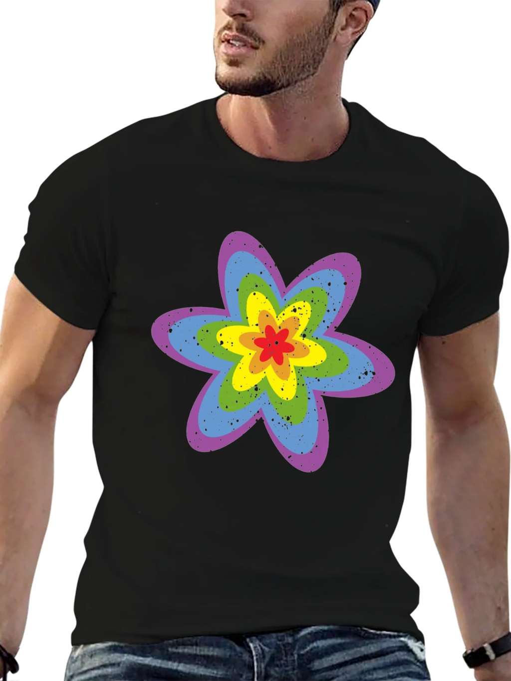 Rainbow Flower Graphic Tee - Black Cotton T-Shirt product image 9